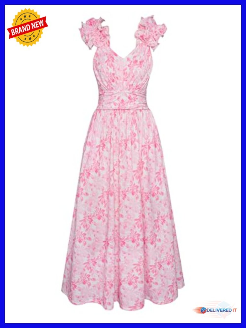 Women's Sleeveless Floral A-Line Wedding Guest Dress with Ruffled Shoulders - Picture 1 of 6